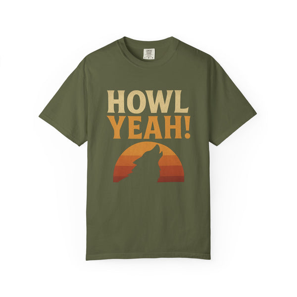 T-shirt with howling wolf silhouette in sunset colors, bold graphic centered on chest