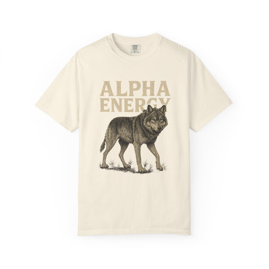 T-shirt with bold wolf design and the words Alpha Energy on front, displayed flat against a neutral background