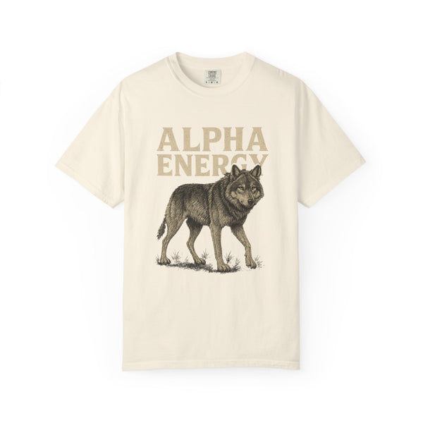 T-shirt with bold wolf design and the words Alpha Energy on front, displayed flat against a neutral background