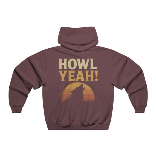 Maroon hoodie with 'HOWL YEAH!' text and wolf silhouette on a white background