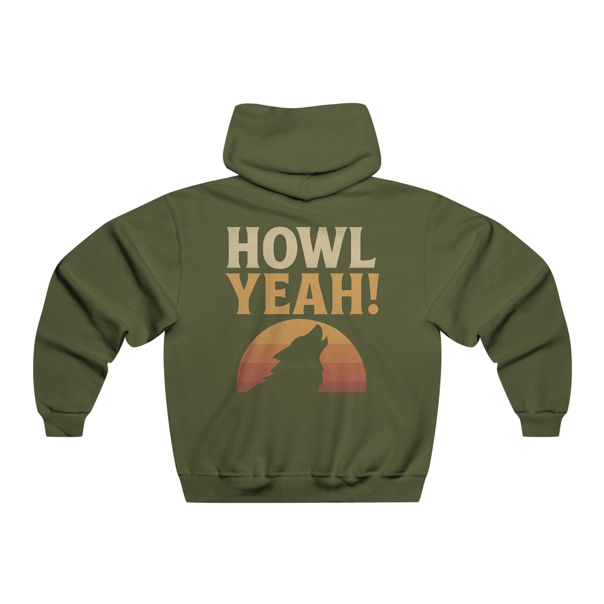 Green hoodie with 'HOWL YEAH!' text and wolf silhouette on a white background