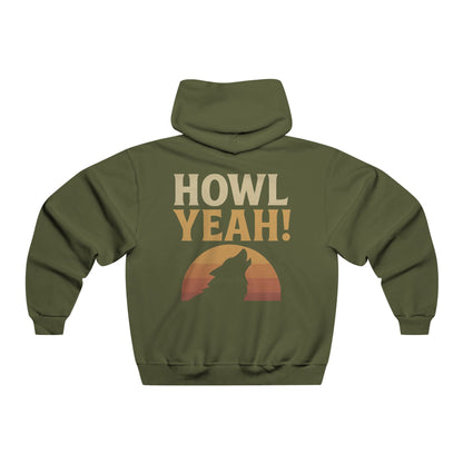 Green hoodie with 'HOWL YEAH!' text and wolf silhouette on a white background