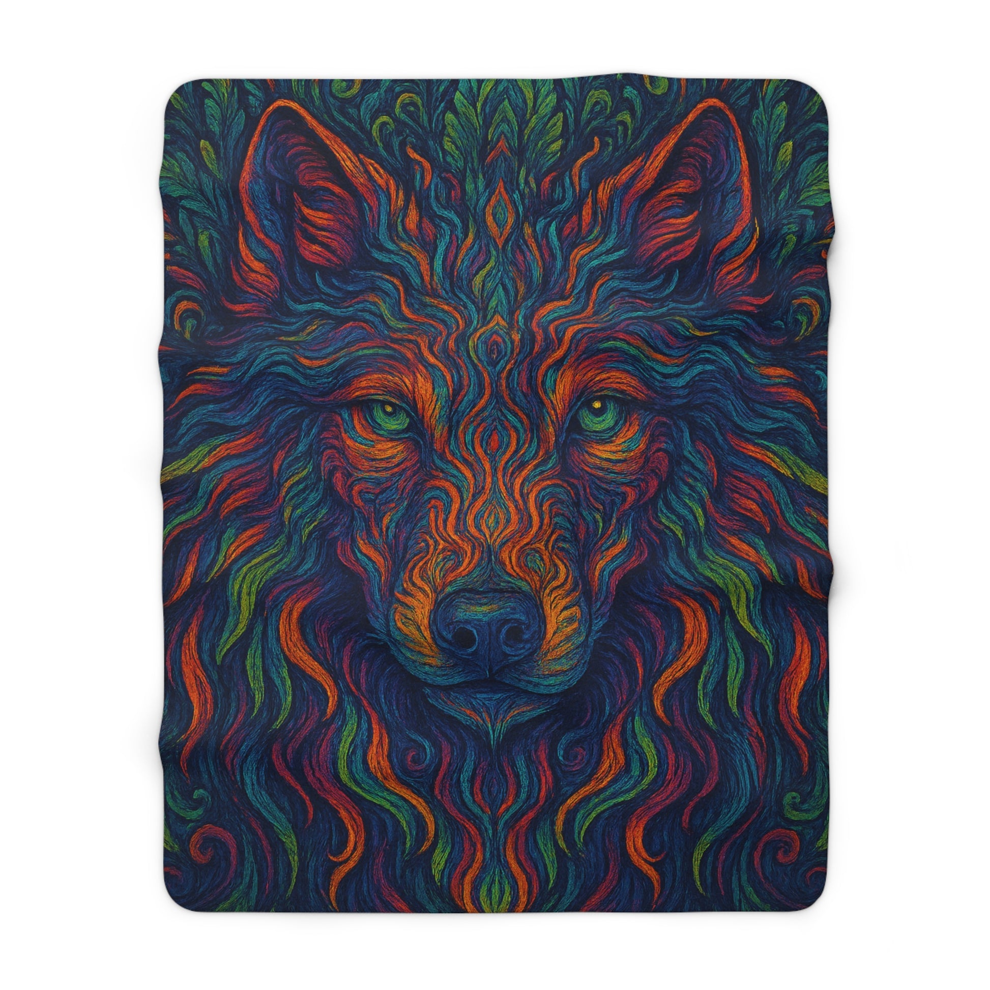 Colorful wolf design on a blanket with a white background