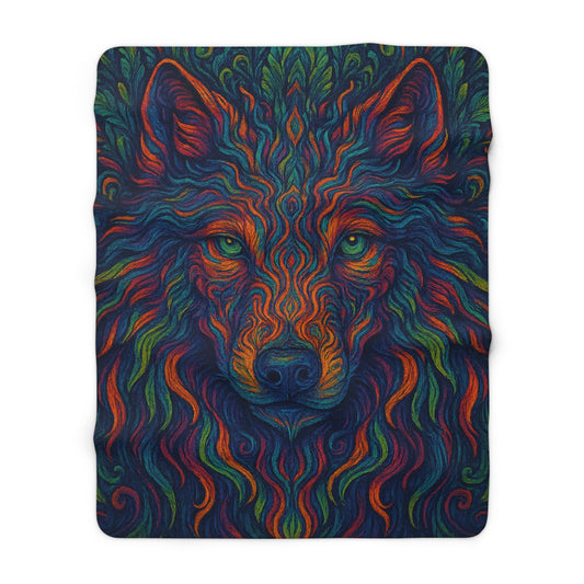 Colorful wolf design on a blanket with a white background