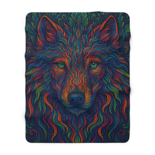 Colorful wolf design on a blanket with a white background