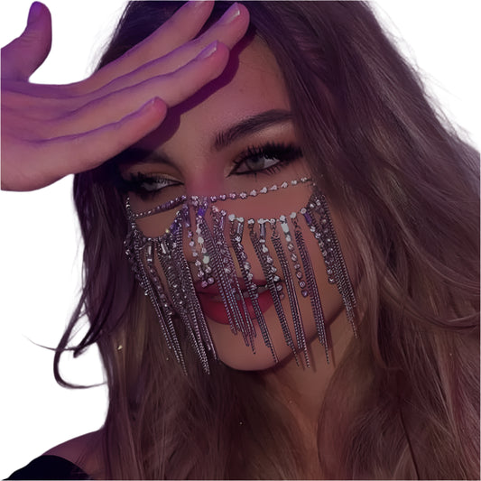 Woman wearing a face mask with decorative elements against a purple background