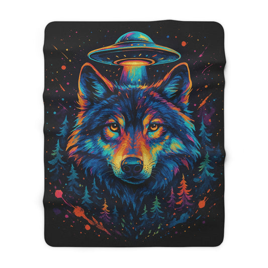 Colorful wolf design with a UFO and forest on a black background, printed on a Sherpa blanket.