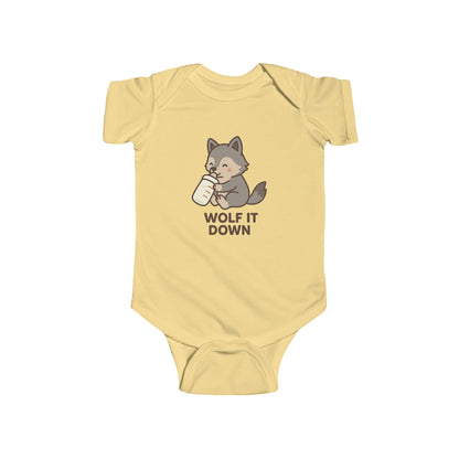 Yellow baby onesie with a wolf graphic and 'Wolf It Down' text on a white background