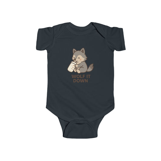 Navy blue baby onesie with a wolf graphic and 'Wolf It Down' text on a white background