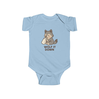 Light blue baby onesie with a wolf graphic and 'Wolf It Down' text on a white background
