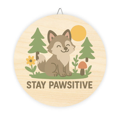Circular wooden sign with a fox illustration and 'Stay Pawsitive' text on a white background