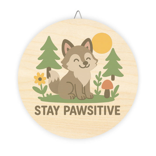 Circular wooden sign with a fox illustration and 'Stay Pawsitive' text on a white background