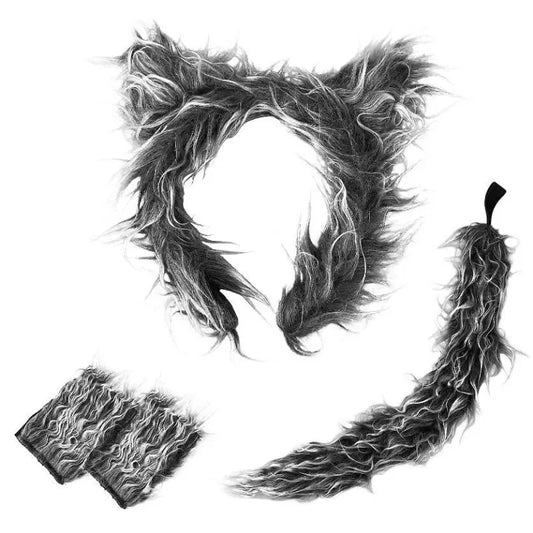 Set of fluffy wolf costume accessories on a white background