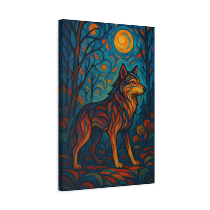 Canvas print of a stylized wolf in a forest with a moonlit sky.