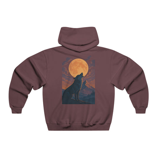 Hooded sweatshirt with front and back moonlit wolf design in twilight tones, printed on a soft cotton-blend fabric with relaxed, comfortable fit.