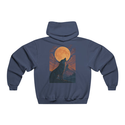 Hooded sweatshirt with front and back moonlit wolf design in twilight tones, printed on a soft cotton-blend fabric with relaxed, comfortable fit.
