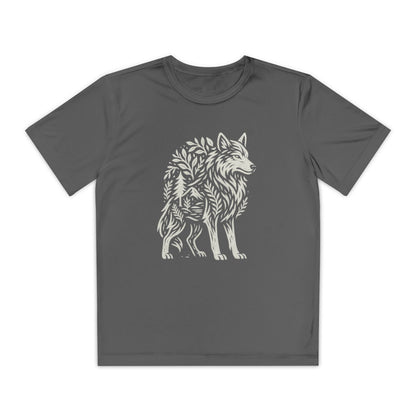 Youth performance t-shirt with “Rooted in Stillness Wolf” minimalist calm-themed design, shown flat with short sleeves, athletic cut, and breathable fabric.