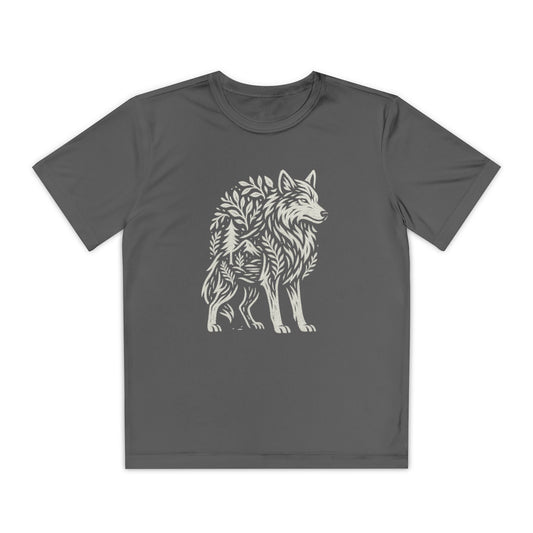 Youth performance t-shirt with “Rooted in Stillness Wolf” minimalist calm-themed design, shown flat with short sleeves, athletic cut, and breathable fabric.
