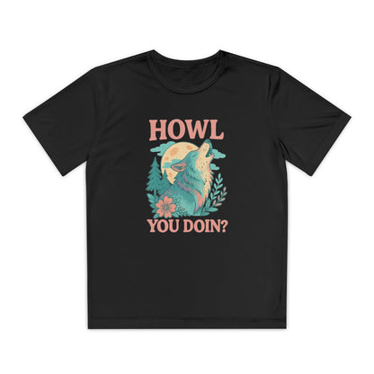 Black youth t-shirt with a graphic of a wolf and text 'HOWL YOU DOIN?' on a white background