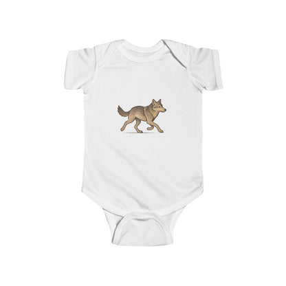 White baby onesie with a wolf design on a white background