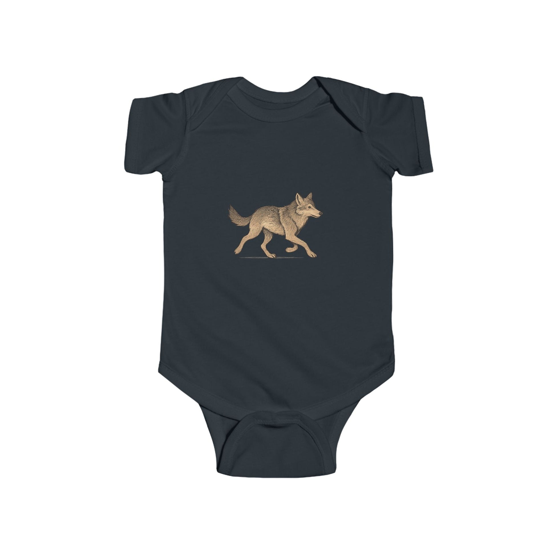 Navy blue baby onesie with a gold wolf design on a white background