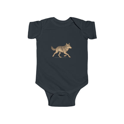 Navy blue baby onesie with a gold wolf design on a white background
