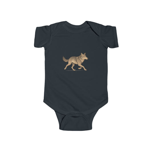 Navy blue baby onesie with a gold wolf design on a white background