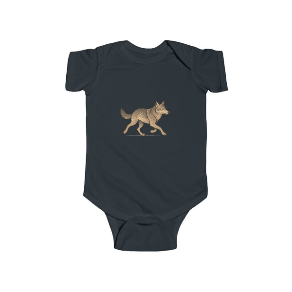 Navy blue baby onesie with a gold wolf design on a white background
