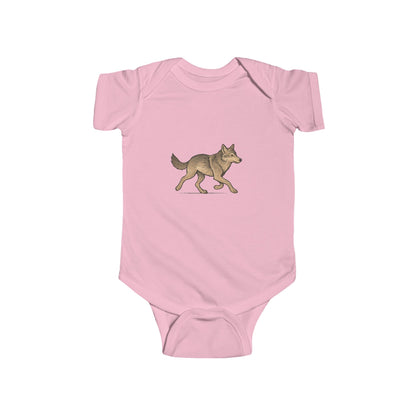 Pink baby onesie with a wolf design on a white background
