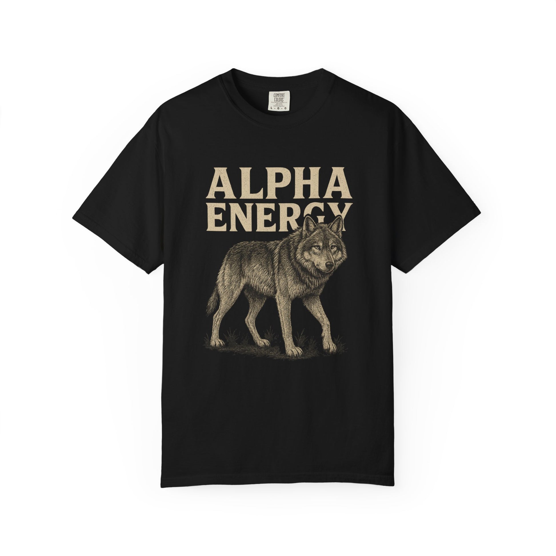 T-shirt with bold wolf design and the words Alpha Energy on front, displayed flat against a neutral background