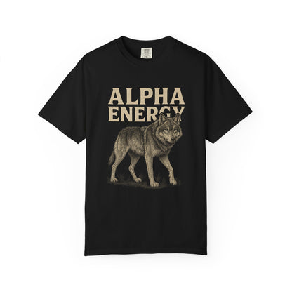 T-shirt with bold wolf design and the words Alpha Energy on front, displayed flat against a neutral background