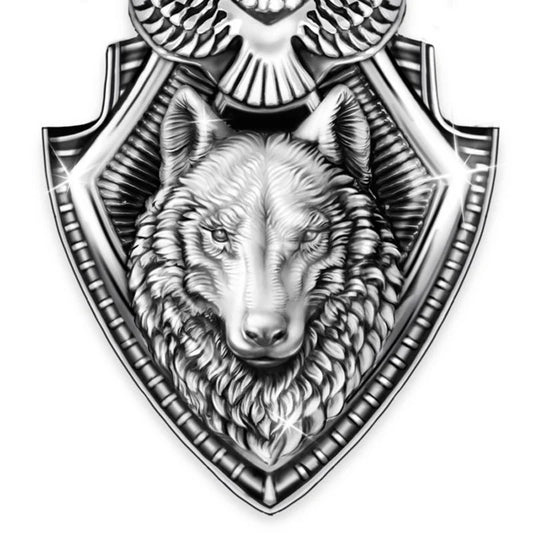 Decorative emblem with a wolf's head and eagle on a shield