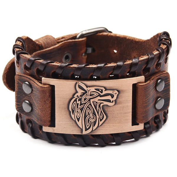 Brown leather bracelet with bronze wolf emblem on a white background
