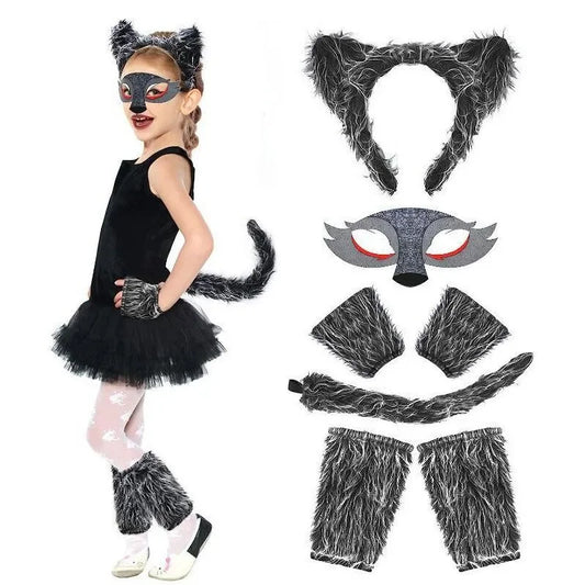 Child in wolf set costume with accessories on a white background