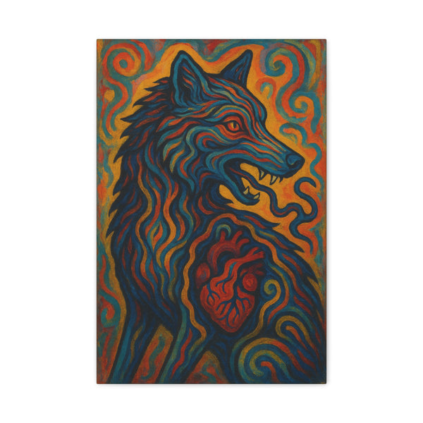 Canvas wall art featuring a vivid, flame-lit wolf with intense gaze and glowing heart energy, printed on stretched wood frame in rich detail.
