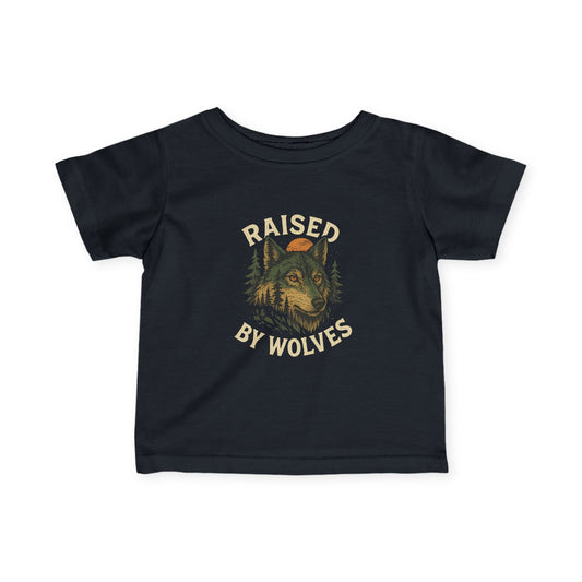 Black t-shirt with 'Raised by Wolves' graphic design on a white background