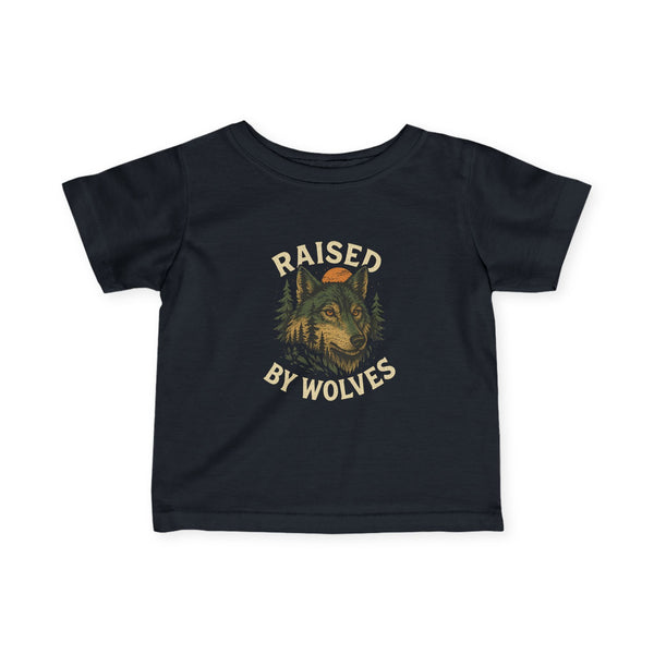 Black t-shirt with 'Raised by Wolves' graphic design on a white background