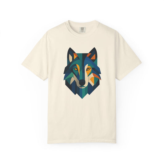 Beige t-shirt with a colorful wolf prism graphic on a white background