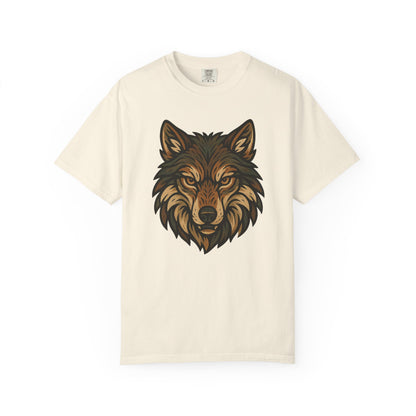 Beige t-shirt with a wolf graphic on a white background