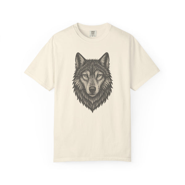 Beige t-shirt with a wolf pencil sketch graphic on a white background
