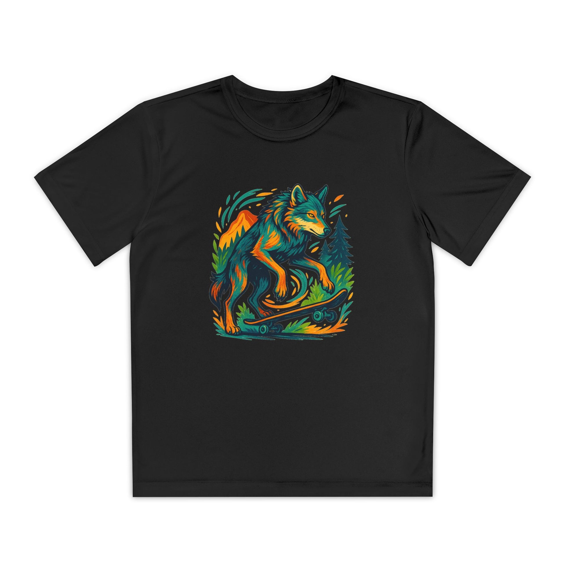 Black Youth athletic-fit t-shirt with “Skater Wolf Vibes” skate-themed wolf design, laid flat to show short sleeves, breathable fabric, and moisture-wicking texture.