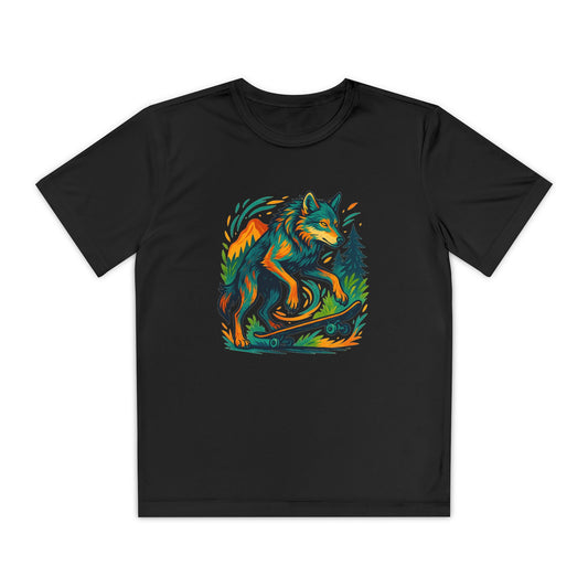 Black Youth athletic-fit t-shirt with “Skater Wolf Vibes” skate-themed wolf design, laid flat to show short sleeves, breathable fabric, and moisture-wicking texture.