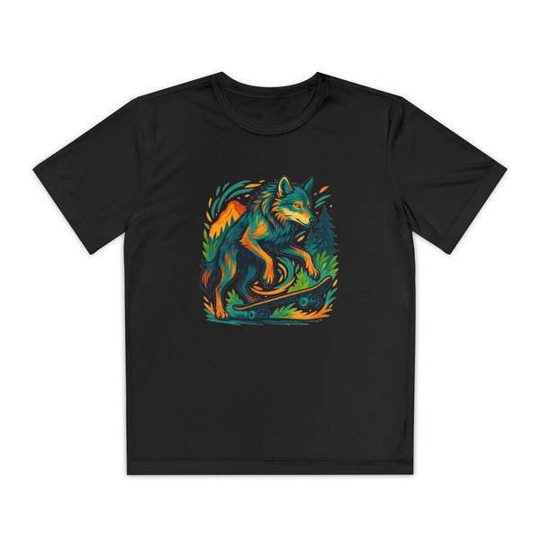 Black Youth athletic-fit t-shirt with “Skater Wolf Vibes” skate-themed wolf design, laid flat to show short sleeves, breathable fabric, and moisture-wicking texture.