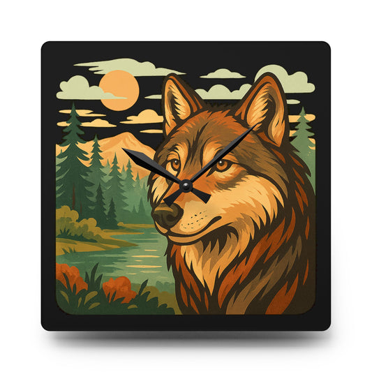 Black wall clock featuring a calm wolf in golden hour lighting with warm forest tones, displayed with a peaceful, nature-themed design.