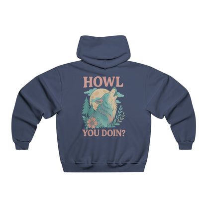 Hooded sweatshirt with front and back playful wolf graphic and bold “Howl You Doin’” text, printed on a soft cotton-blend with relaxed fit.
