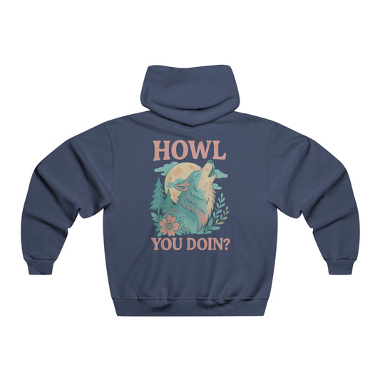 Hooded sweatshirt with front and back playful wolf graphic and bold “Howl You Doin’” text, printed on a soft cotton-blend with relaxed fit.