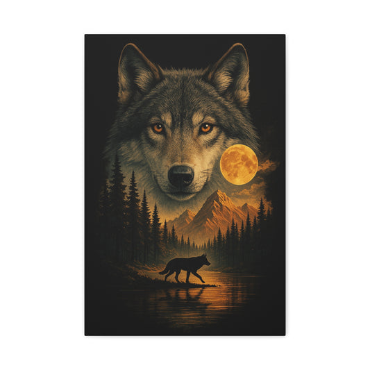 Wolf in a forest with a full moon and another wolf in the distance.
