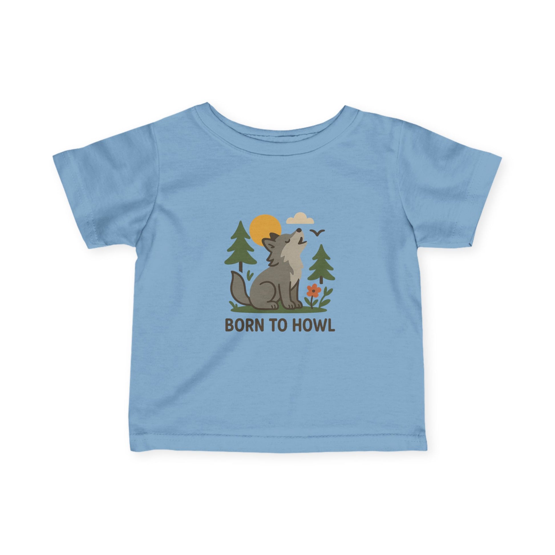 Light blue t-shirt with a wolf graphic and 'Born to Howl' text on a white background