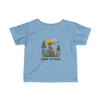 Light blue t-shirt with a wolf graphic and 'Born to Howl' text on a white background