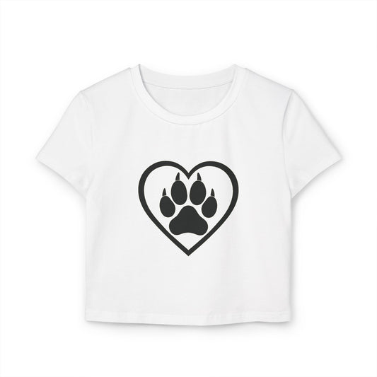 White t-shirt with black heart and paw print design on a white. Organic cotton baby tee with wolf-inspired design, printed on a slim-fit, eco-friendly shirt.